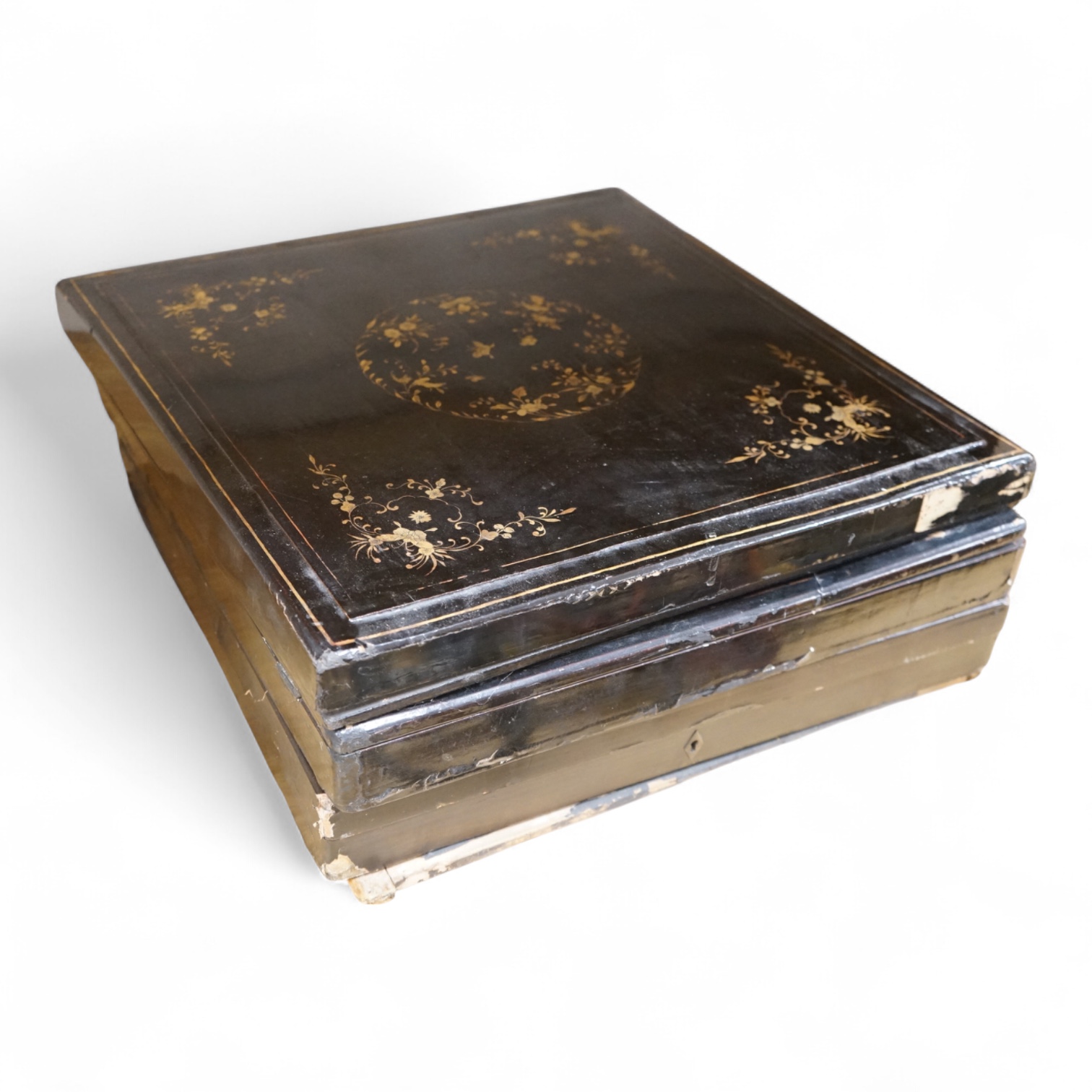 Three 19th-century Chinese gilt black lacquer gilt decorated, square boxes, 48cm x 49cm